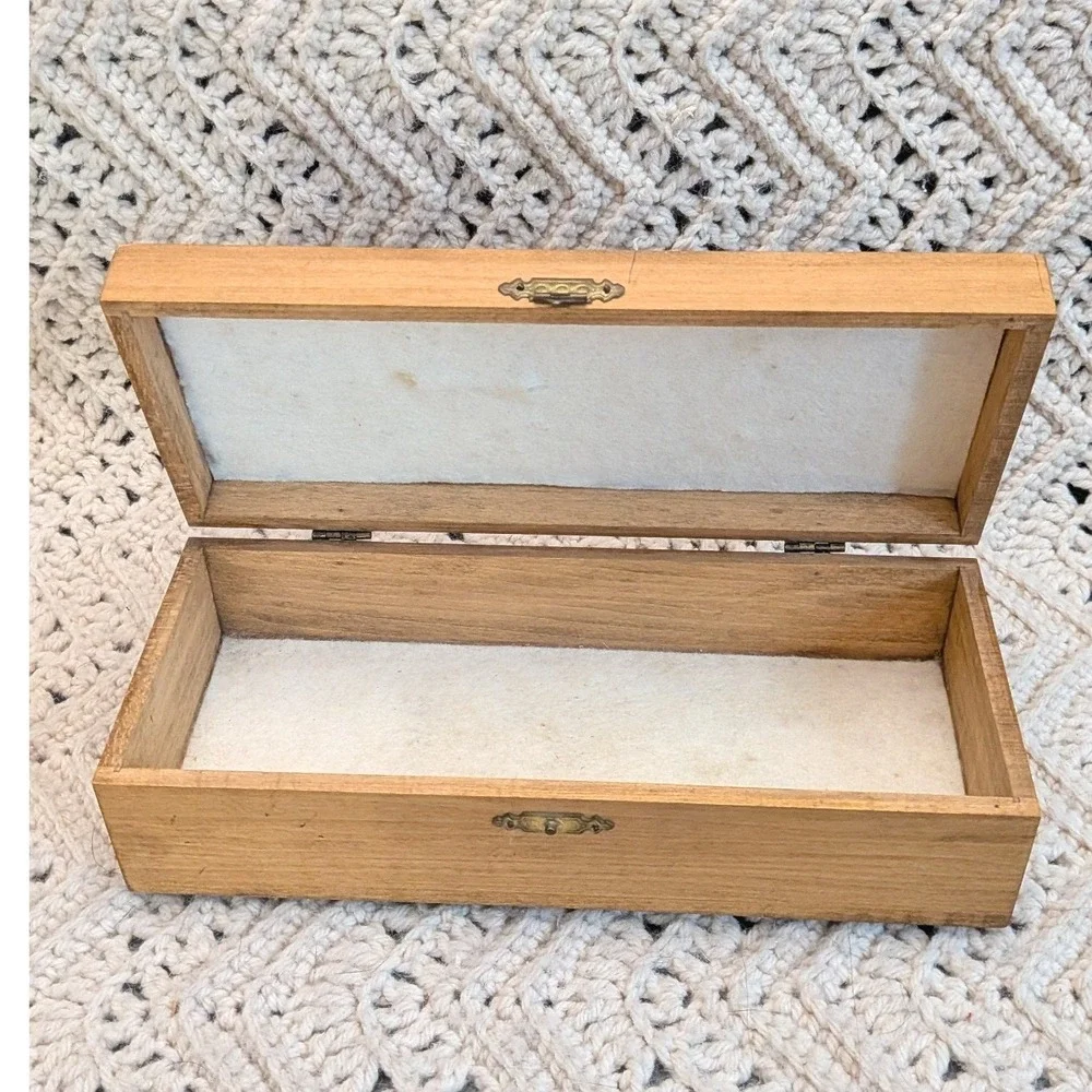 Vintage Hand Carved Wooden Trinket Jewelry Box Lined Rectangular Latch 9.5in